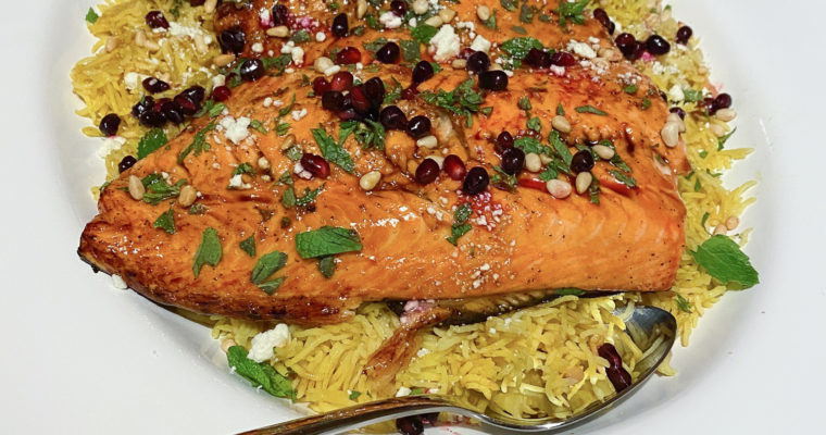 Pomegranate Glazed Salmon & Lebanese Rice